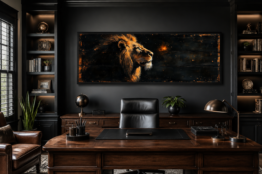 Golden lion horizontal canvas wall art in a dark, sophisticated office above a wooden desk.