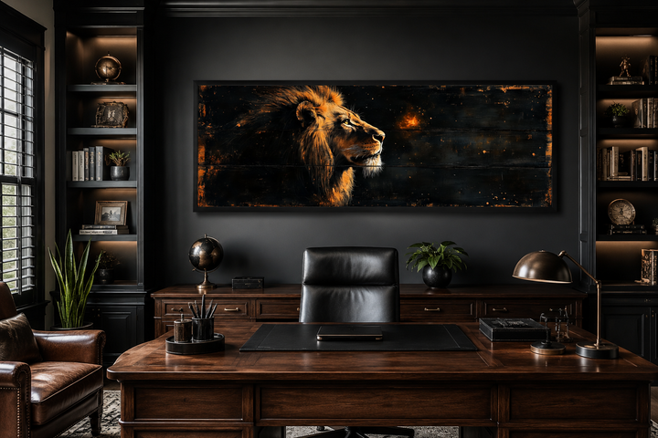 Golden lion horizontal canvas wall art in a dark, sophisticated office above a wooden desk.