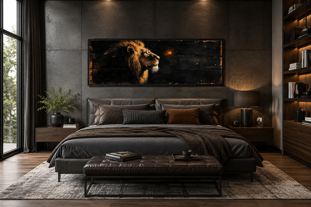 Golden lion horizontal canvas wall art above a bed in a dark, modern masculine bedroom.