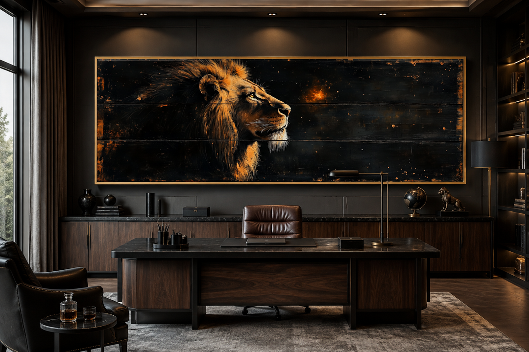 Large horizontal canvas of a golden lion in a dark, modern office above a wooden desk.