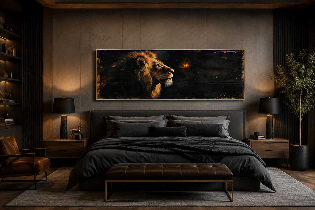 Golden lion horizontal canvas wall art above a bed in a dark, modern masculine bedroom.
