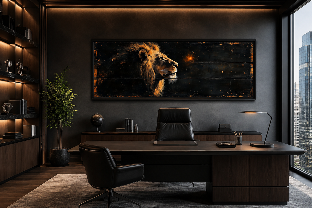 Golden lion horizontal canvas wall art above a desk in a dark, modern office with city views.