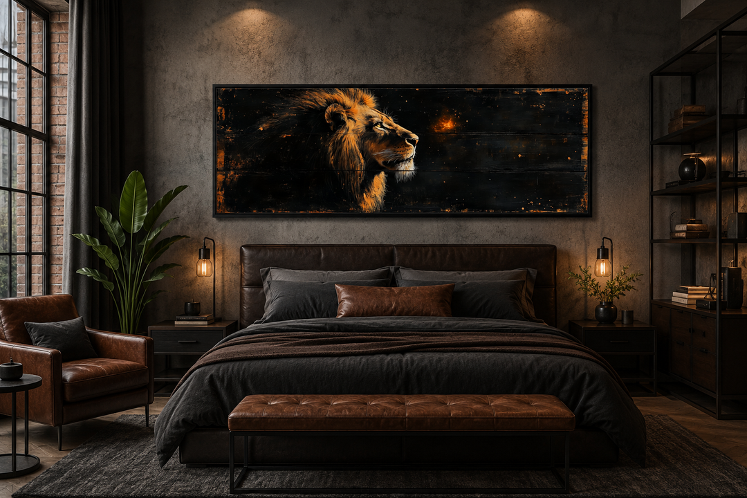 Golden lion horizontal canvas wall art above a bed in a dark, modern masculine bedroom.