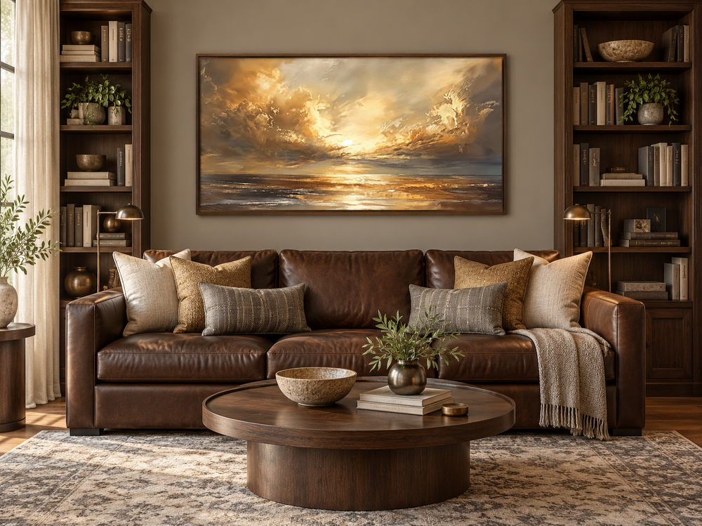 Framed golden sunset ocean seascape wall art hanging above a brown leather sofa in a living room.