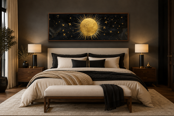 Golden sun and stars horizontal canvas wall art hanging above a bed in a modern bedroom.