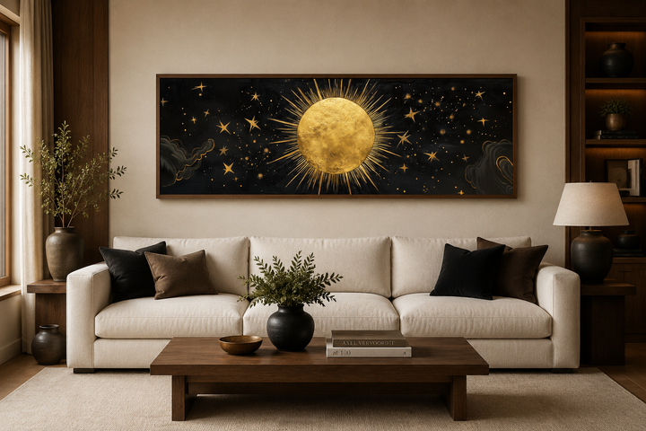 Golden sun and stars celestial horizontal canvas wall art above a cream sofa in a modern room.