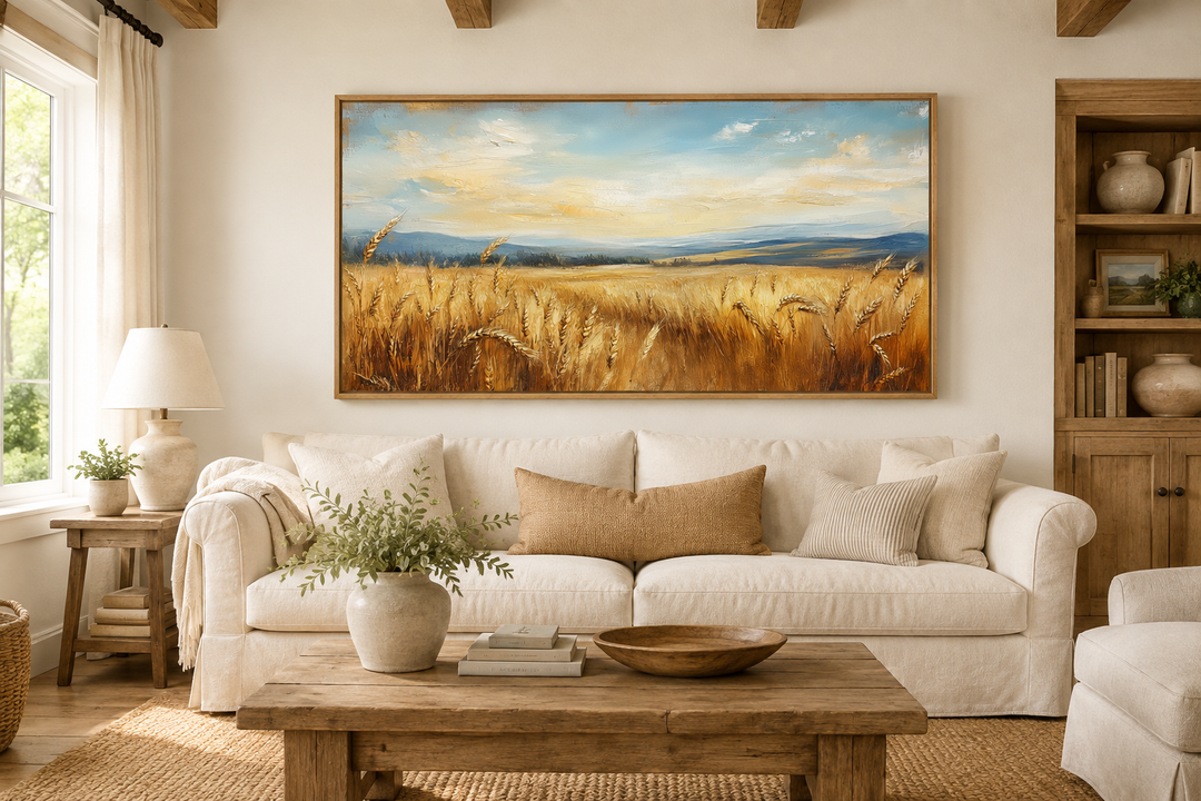 Golden Wheat Field Farm Framed Farmhouse Canvas Wall Art hanging above a white sofa in a living room.