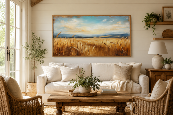 Golden Wheat Field Farm Framed Farmhouse Canvas Wall Art hanging above a white sofa in a living room.