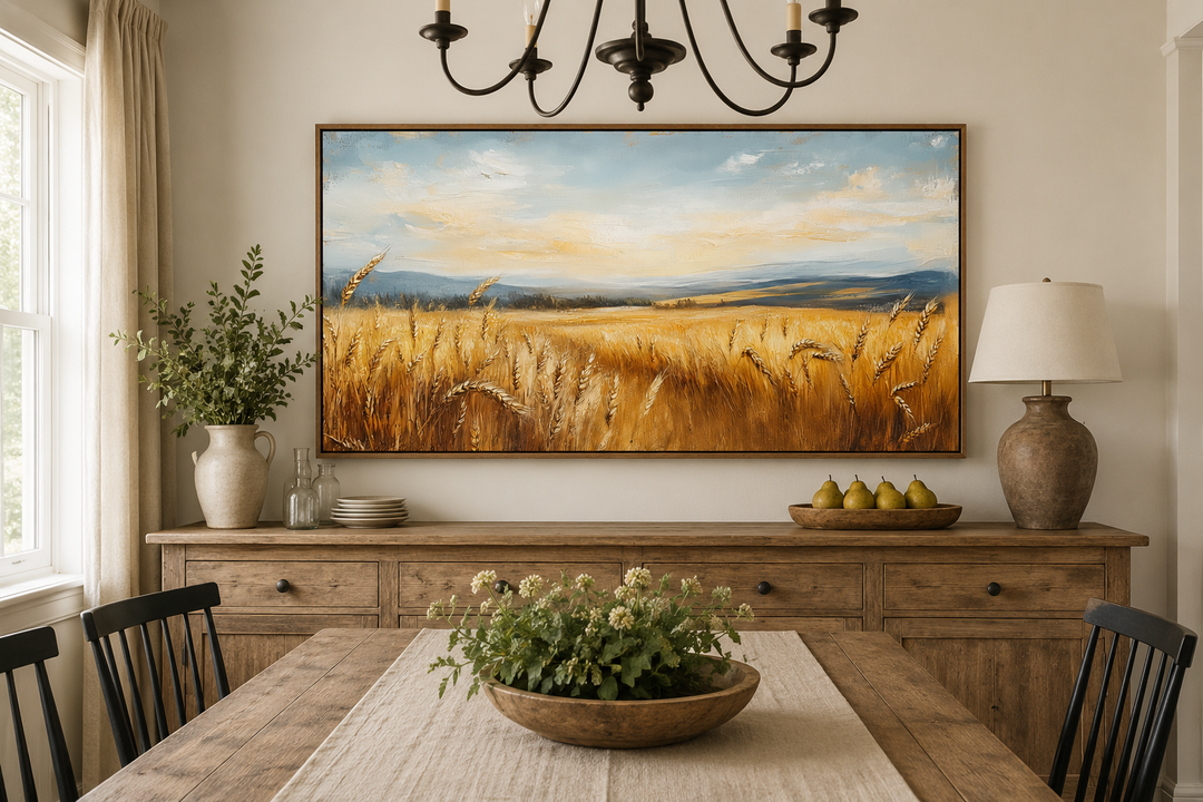 Golden wheat field farm framed canvas wall art hanging above a rustic wooden sideboard.