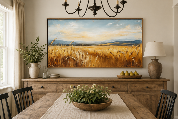 Golden wheat field farm framed canvas wall art hanging above a rustic wooden sideboard.