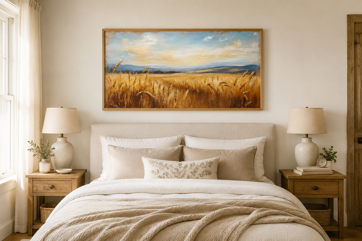 Golden Wheat Field Farm Framed Farmhouse Canvas Wall Art hanging above a bed in a neutral bedroom.