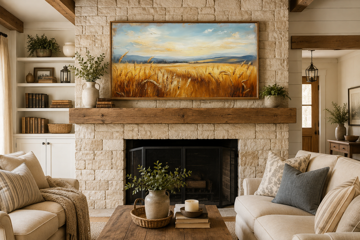 Golden wheat field framed farmhouse canvas wall art hanging above a stone fireplace mantel.