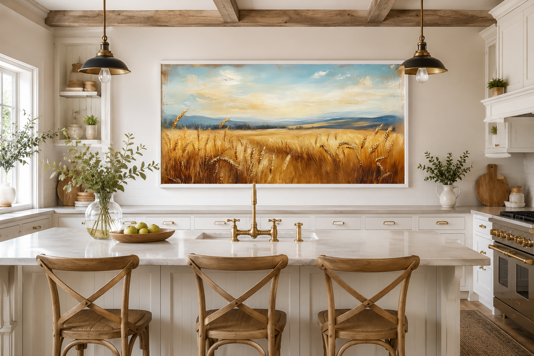 Golden Wheat Field Farm Framed Farmhouse Canvas Wall Art hanging in a rustic kitchen.