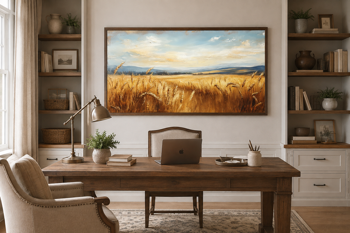 Golden wheat field farm landscape painting in a dark wood frame above a rustic office desk.