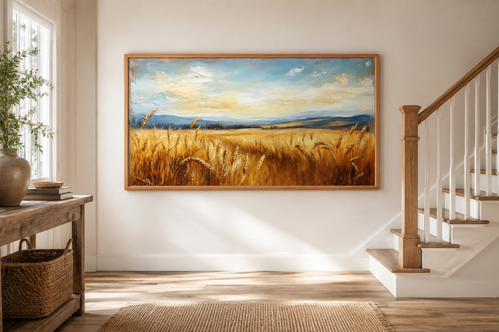 Golden wheat field farmhouse canvas wall art in a wooden frame above a console table and stairs.