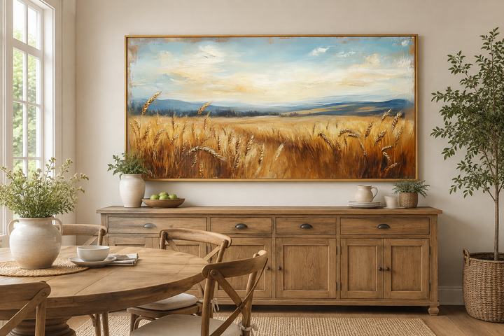 Golden Wheat Field Farm Framed Farmhouse Canvas Wall Art hanging above a wooden sideboard.