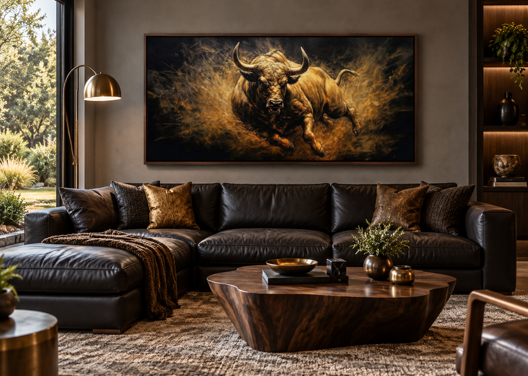 Extra large framed canvas painting of a charging bull in gold and brown tones above a leather sofa.