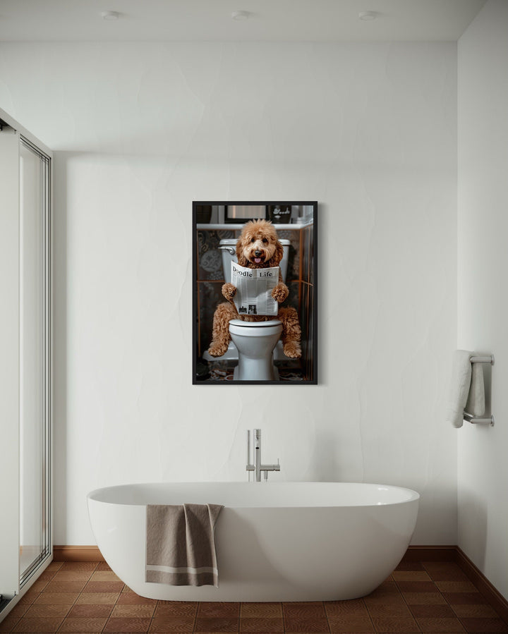 Goldendoodle Bathroom Picture On Toilet Framed Canvas Wall Art