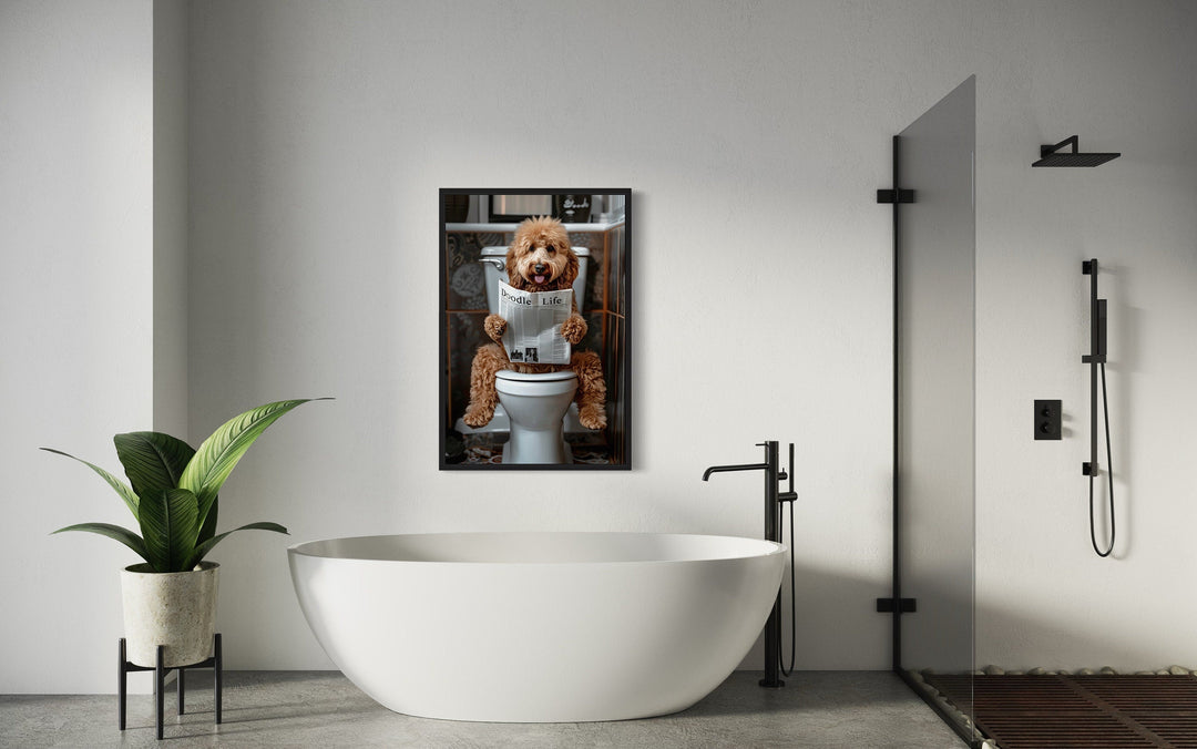 Goldendoodle Bathroom Picture On Toilet Framed Canvas Wall Art