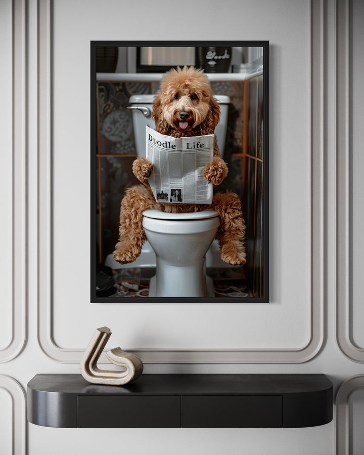 Goldendoodle Bathroom Picture On Toilet Framed Canvas Wall Art