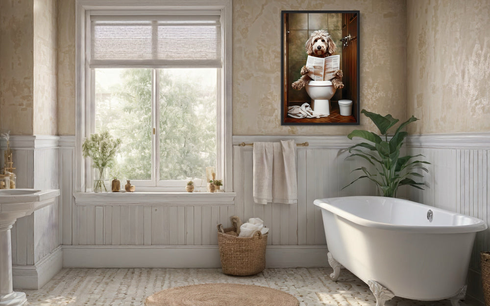 Goldendoodle Dog On The Toilet Reading Newspaper Picture