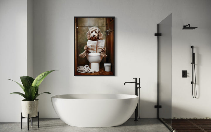 Goldendoodle Dog On The Toilet Reading Newspaper Picture