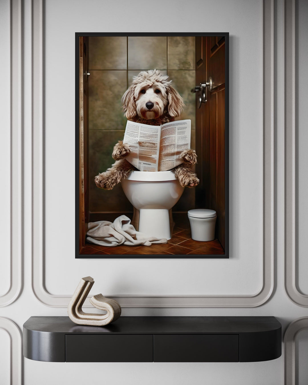 Goldendoodle Dog On The Toilet Reading Newspaper Picture