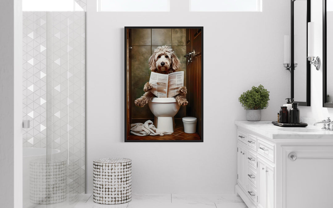 Goldendoodle Dog On The Toilet Reading Newspaper Picture