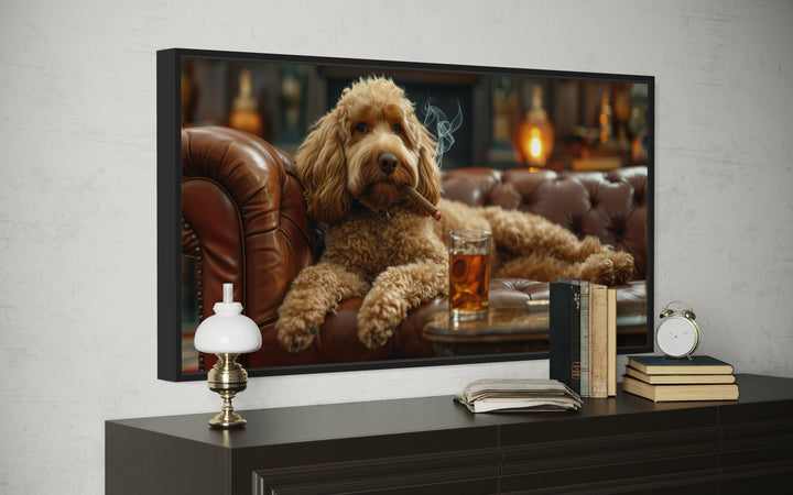 Goldendoodle On Couch Smoking Cigar Drinking Whiskey Framed Canvas Wall Art