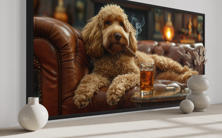 Goldendoodle On Couch Smoking Cigar Drinking Whiskey Framed Canvas Wall Art