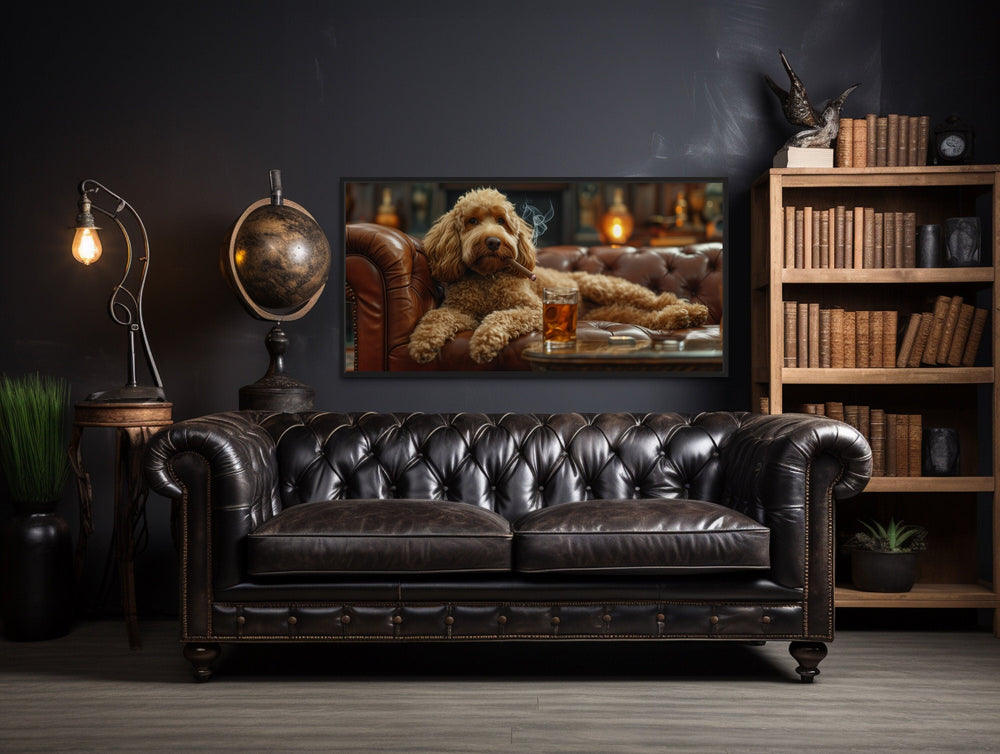 Goldendoodle On Couch Smoking Cigar Drinking Whiskey Framed Canvas Wall Art