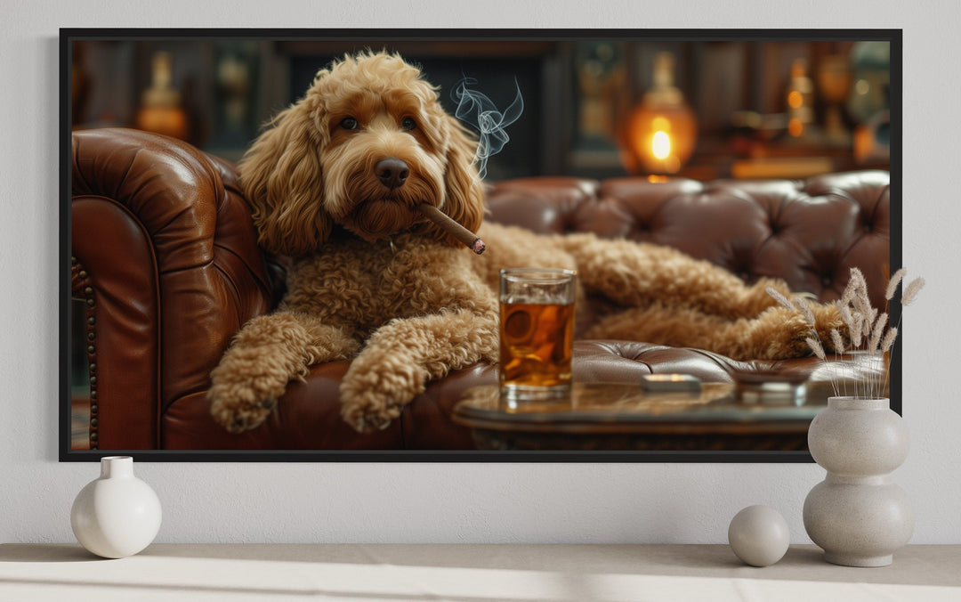 Goldendoodle On Couch Smoking Cigar Drinking Whiskey Framed Canvas Wall Art