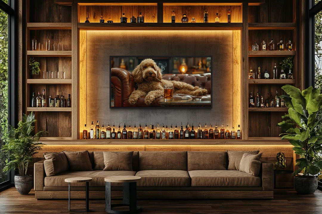 Goldendoodle On Couch Smoking Cigar Drinking Whiskey Framed Canvas Wall Art