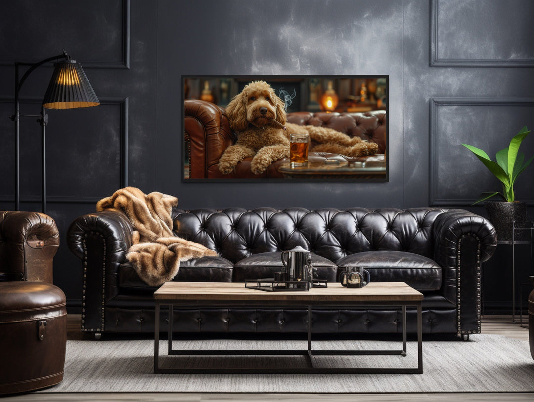 Goldendoodle On Couch Smoking Cigar Drinking Whiskey Framed Canvas Wall Art