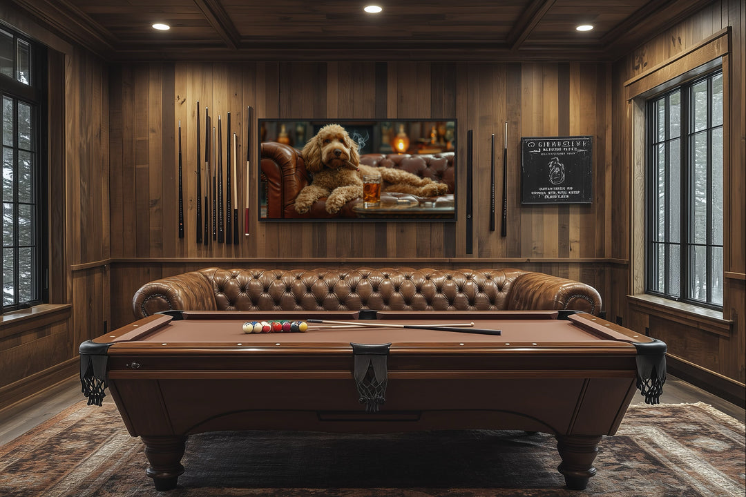 Goldendoodle On Couch Smoking Cigar Drinking Whiskey Framed Canvas Wall Art