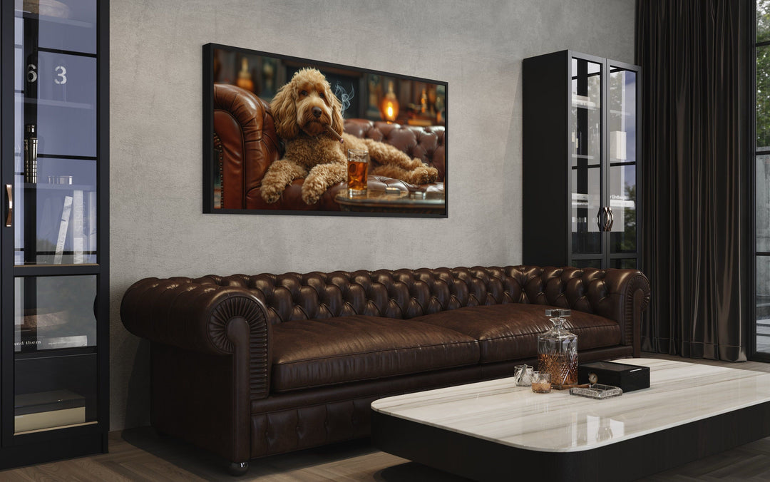 Goldendoodle On Couch Smoking Cigar Drinking Whiskey Framed Canvas Wall Art