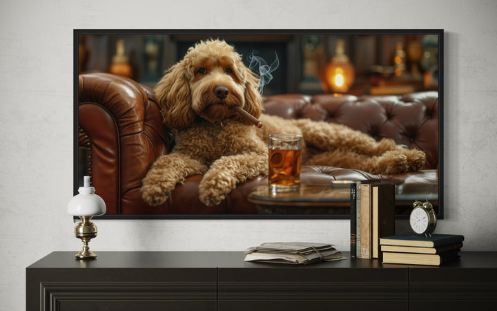 Goldendoodle On Couch Smoking Cigar Drinking Whiskey Framed Canvas Wall Art