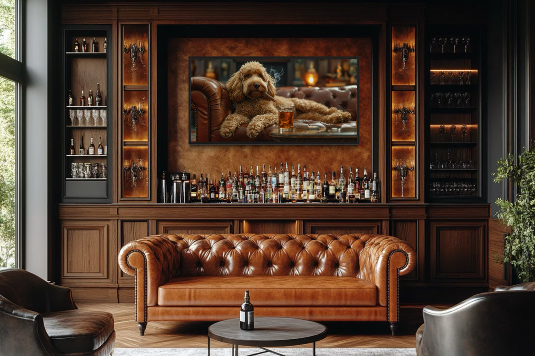 Goldendoodle On Couch Smoking Cigar Drinking Whiskey Framed Canvas Wall Art