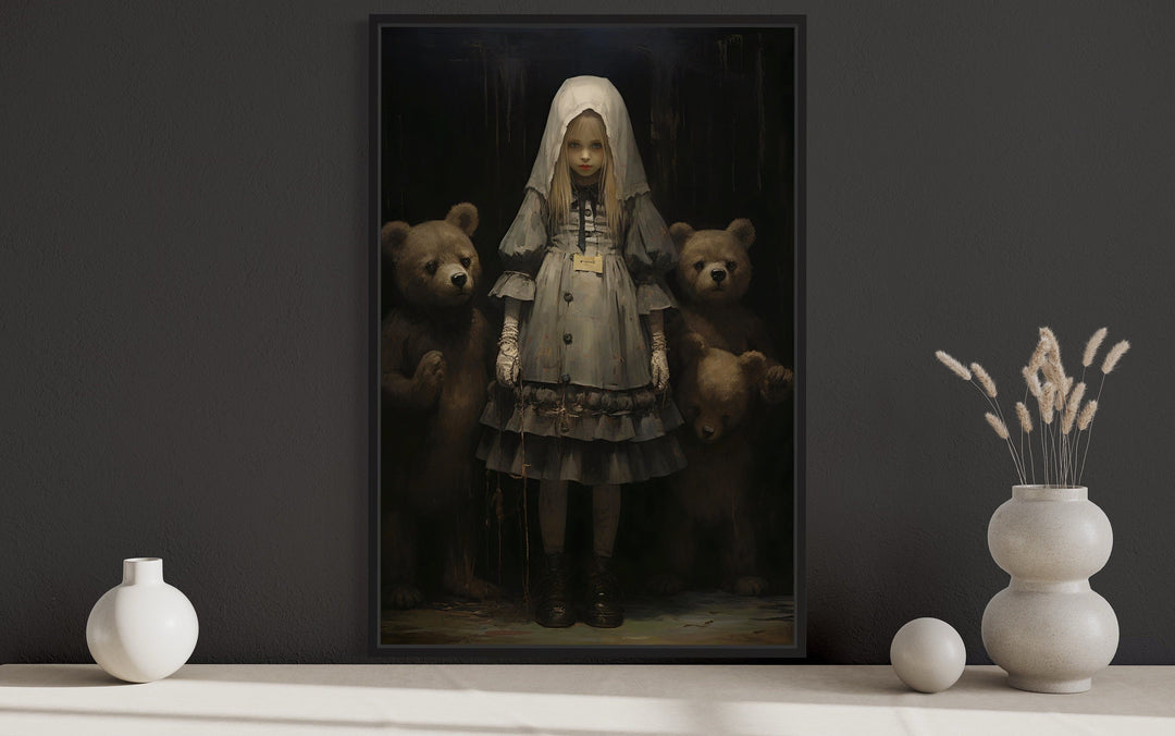 Gothic Goldilocks and the Three Bears framed canvas wall art on a dark wall with decorative vases.