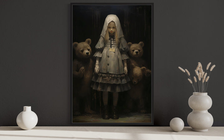 Gothic Goldilocks and the Three Bears framed canvas wall art on a dark wall with decorative vases.