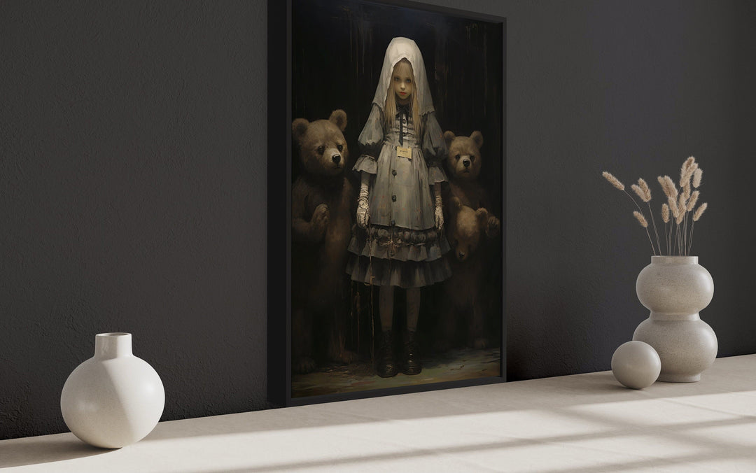 Gothic framed canvas wall art of Goldilocks and three bears in a dark, atmospheric style.