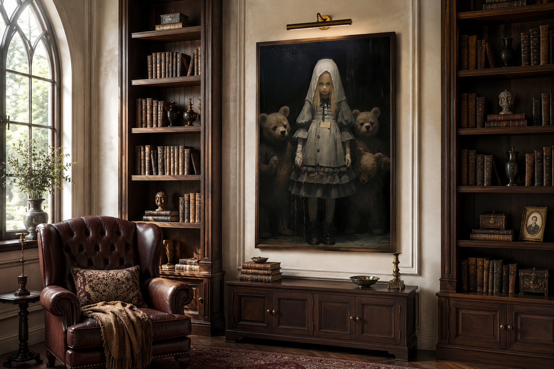 Gothic Goldilocks and the Three Bears framed canvas art in a dark academia library setting.