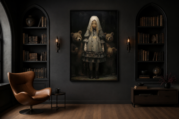 Gothic Goldilocks and the Three Bears framed canvas art in a dark academia library setting.
