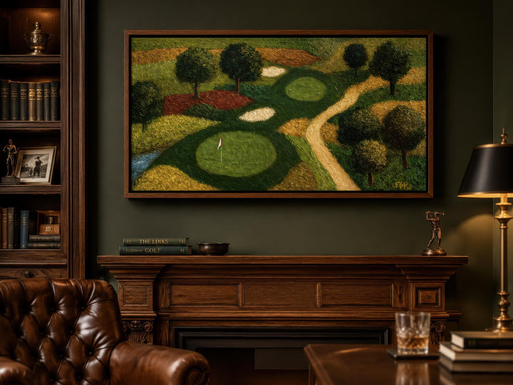 Golf course aerial view canvas wall art in a dark-paneled home office above a wooden fireplace.