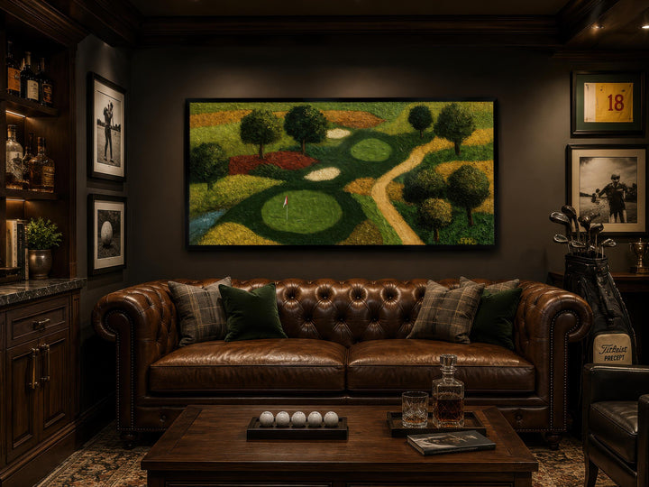 Aerial view golf course canvas wall art above a brown leather sofa in a dark, wood-paneled room.