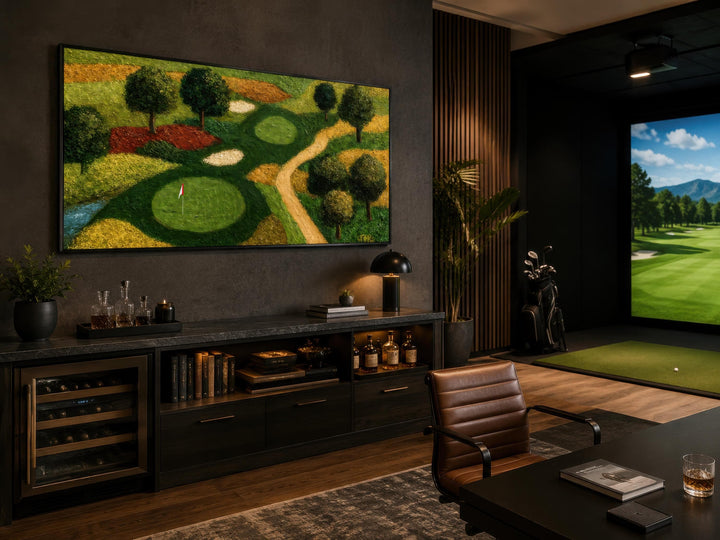 Golf Course Aerial View canvas wall art displayed in a dark, modern man cave with a golf simulator.