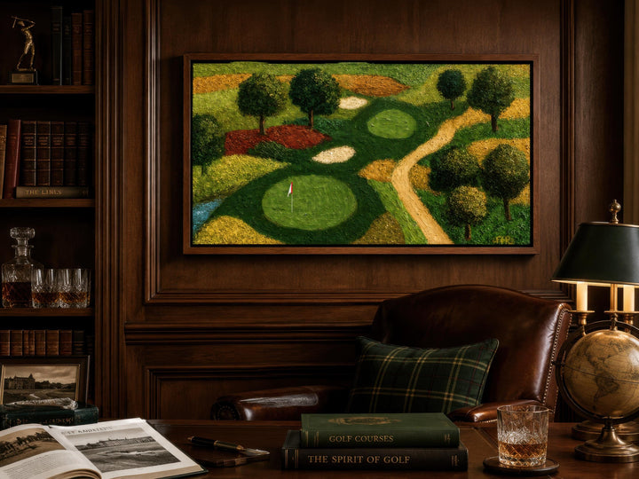 Aerial view golf course canvas wall art in a dark wood-paneled study with leather chair and books.