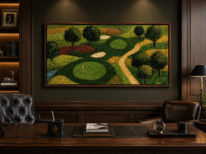 Aerial view golf course canvas wall art in a dark wood paneled home office above a desk.