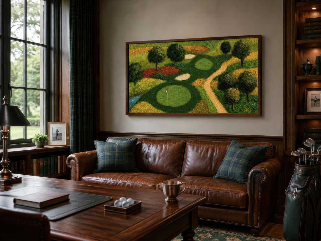 Aerial view golf course canvas wall art in a dark wood home office above a brown leather sofa.