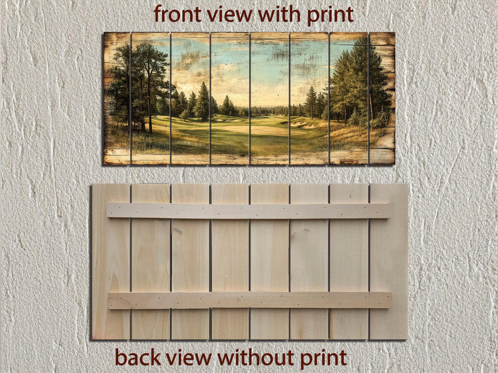 Two-view image of a golf course landscape printed on distressed wood planks with a back view.